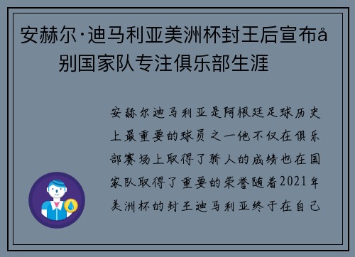 安赫尔·迪马利亚美洲杯封王后宣布告别国家队专注俱乐部生涯 安赫尔·迪马利亚美洲杯封王后宣布告别国家队专注俱乐部生涯