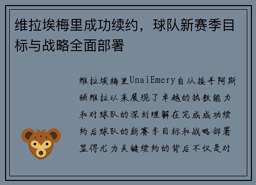 维拉埃梅里成功续约,球队新赛季目标与战略全面部署 维拉埃梅里成功续约,球队新赛季目标与战略全面部署